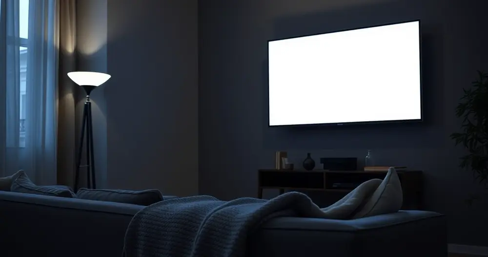 Sala de estar com pouca luz, televisor de tela apagada na parede e manta dobrada sobre o sofá
