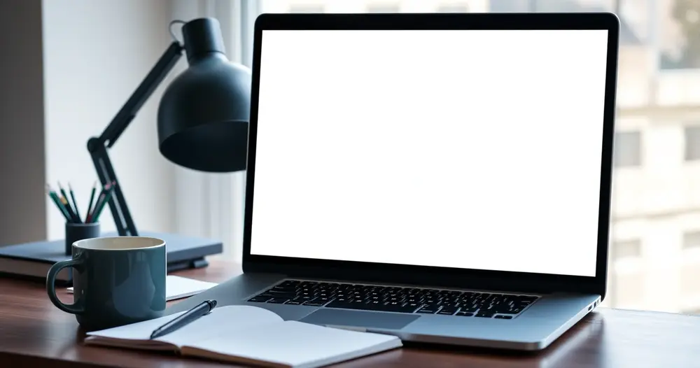Escrivaninha de escritório em casa com notebook de tela apagada, caneca e bloco de anotações