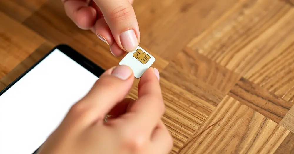 Mão apoiando bandeja de chip sobre mesa de madeira ao lado de celular com a tela apagada