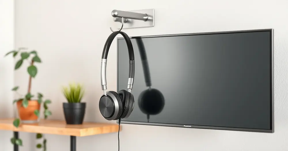 Fone de ouvido grande pendurado em gancho ao lado de prateleira com plantas, luz suave