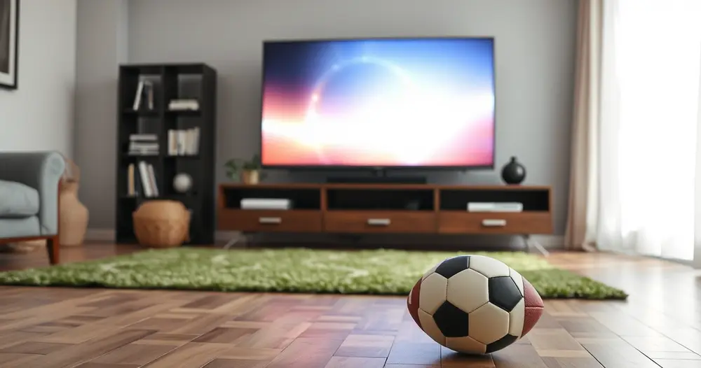 bola de futebol e televisão ligada em sala durante o dia