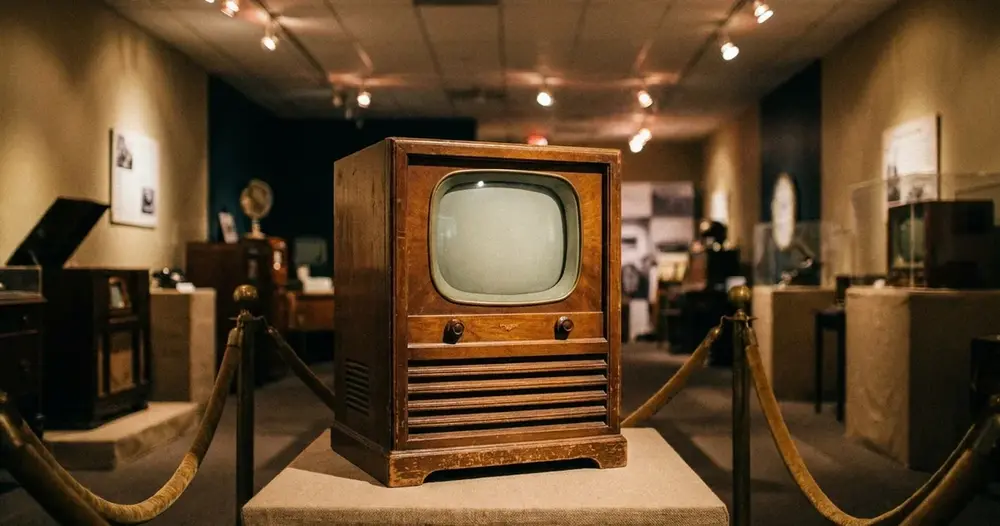 aparelho de televisão antigo em sala de exposição com luz suave