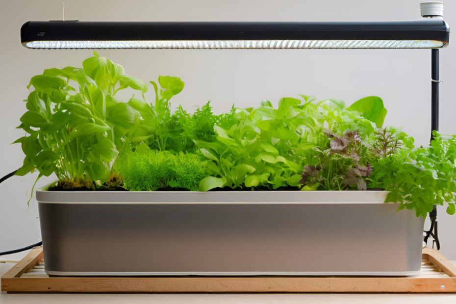 Urban aquaponics system merging fish tank and grow beds for sustainable living.