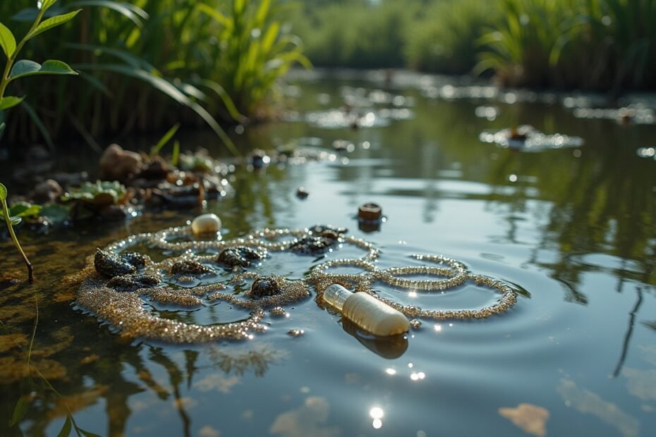 Freshwater ecosystem showing plastic debris and microplastics contaminating the water.