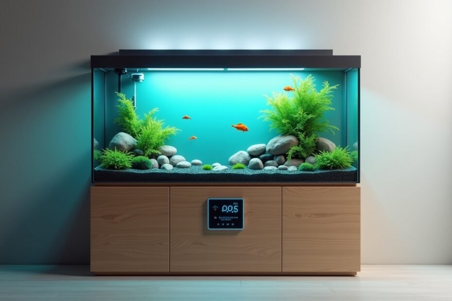 Home aquarium with smart sensors and automated lighting system.