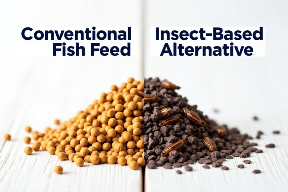 Comparison of traditional fishmeal and insect-based protein feed in aquaculture nutrition.