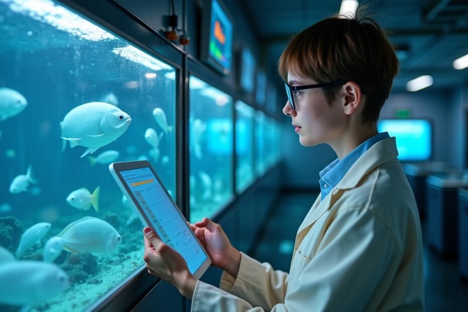 Technician using AI analytics to monitor and manage fish farming operations.