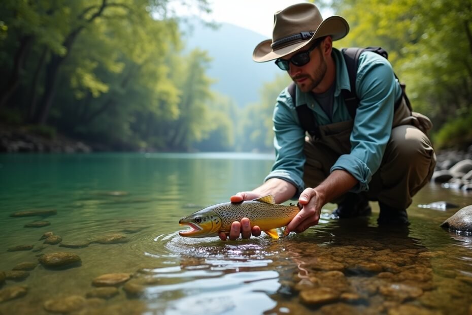 Angler releasing a fish with minimal handling in a clear river.