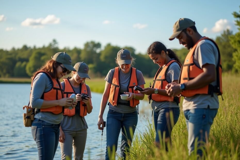 Volunteers conducting a monitoring survey in a lake to detect invasive species.