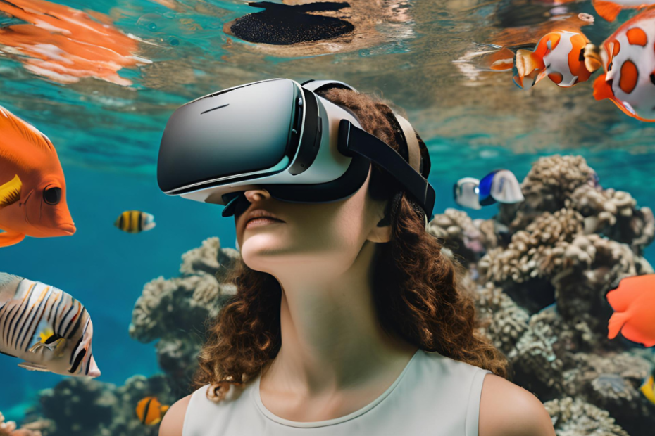 User in a VR headset exploring a vibrant coral reef with virtual marine life, illustrating immersive underwater exploration.