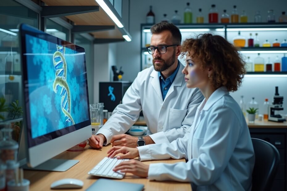 Scientists analyzing fish DNA for conservation research in a modern lab.