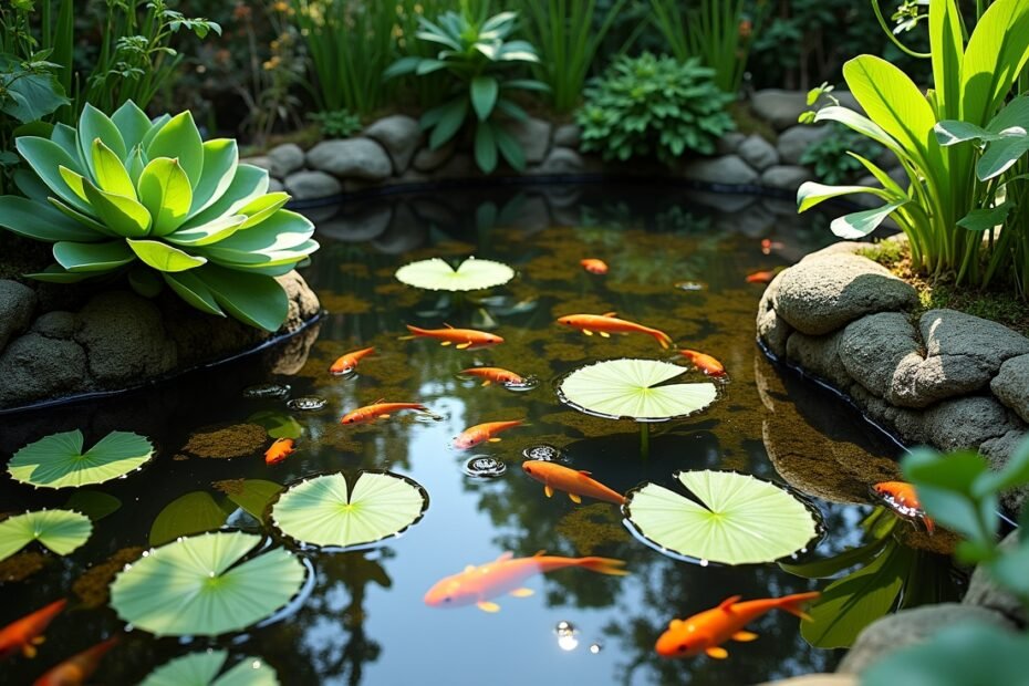 A natural garden pond teeming with aquatic plants and local fish species.