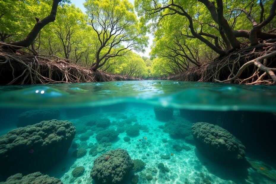 Lush mangrove forest providing a natural habitat for coastal fish and other marine species.