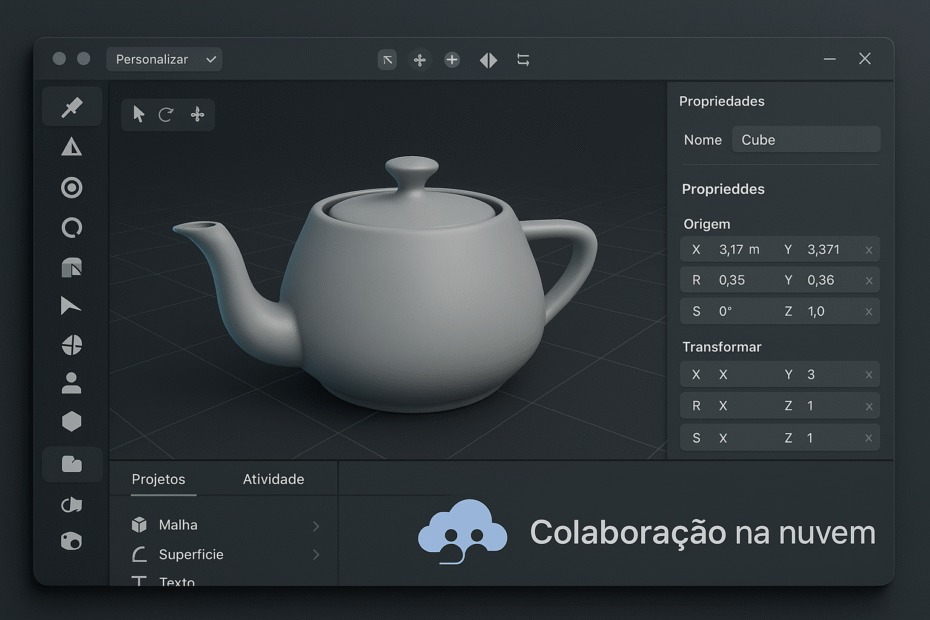 Renderização de um ambiente de modelagem 3D com interface de software moderno, destacando a personalização e a colaboração na nuvem.