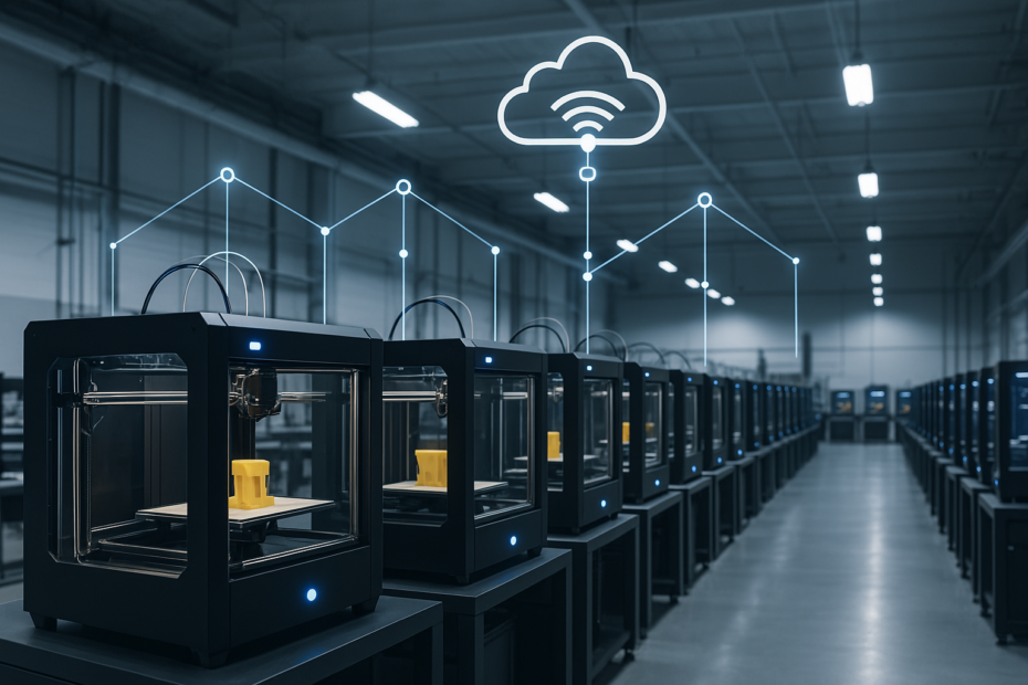 Ambiente industrial com diversas impressoras 3D conectadas, operando de forma sincronizada e inteligente.