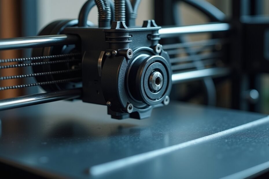 Close-up dos componentes internos de uma impressora 3D, evidenciando a limpeza e lubrificação de correias e rolamentos.