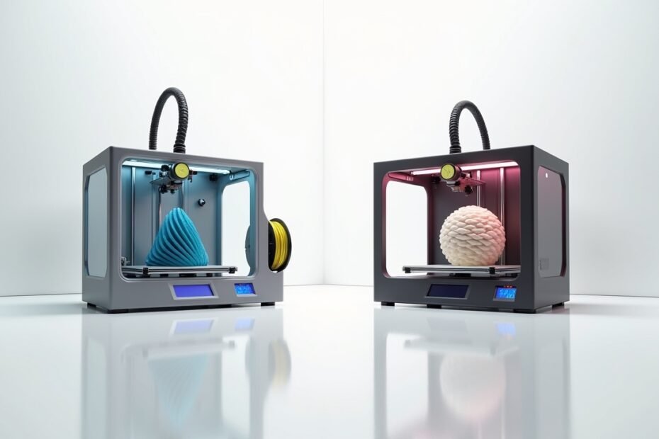 Comparativo visual entre uma impressora 3D simples e uma avançada, destacando os principais componentes e diferenciais de cada modelo.