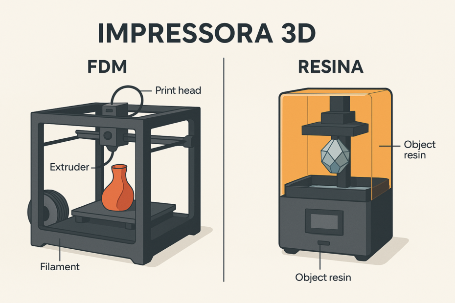 Comparativo visual entre uma impressora FDM e uma de resina, destacando os principais componentes e diferenciais de cada tecnologia.