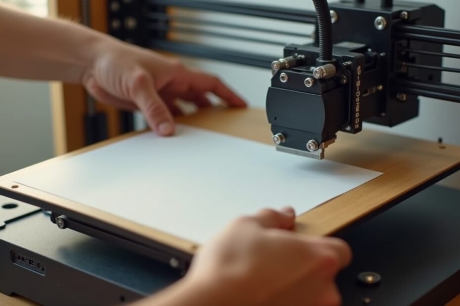 Fotografia detalhada de uma impressora 3D sendo nivelada manualmente com uma folha de papel, evidenciando o cuidado com a primeira camada.