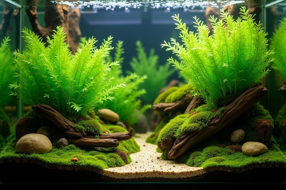 Planted aquarium with anacharis and java moss