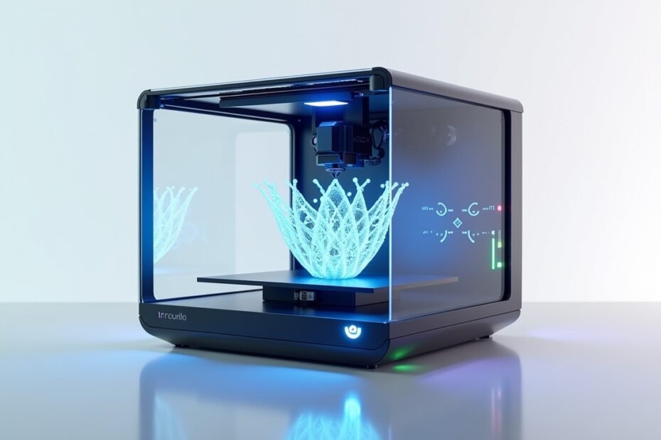 Renderização de uma impressora 3D moderna com indicadores e sensores, evidenciando a integração de tecnologias de IA no processo de impressão.