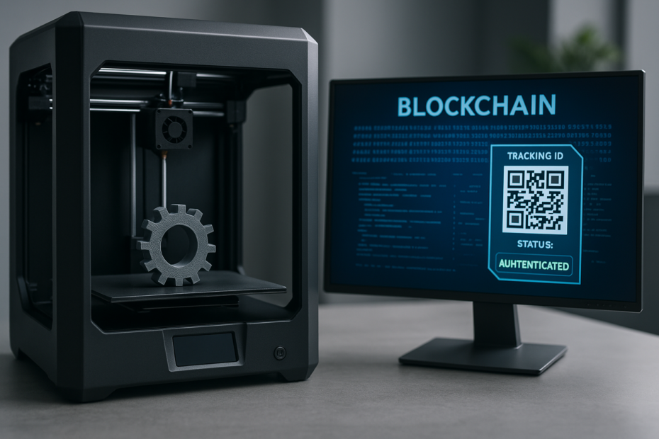 Cena futurista com uma impressora 3D de mesa imprimindo uma peça técnica, enquanto uma tela ao lado exibe um painel com código de blockchain, QR code de rastreio e status de autenticação. O ambiente deve transmitir segurança digital, inovação e alta tecnologia.