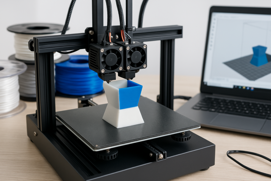 Uma impressora 3D dual extrusão imprimindo uma peça com dois materiais diferentes (ex: PLA branco e azul). Ao fundo, rolos de filamentos com cores distintas, tela do slicer aberta em um notebook e ambiente claro e técnico. A imagem deve destacar inovação, precisão e complexidade de impressão.