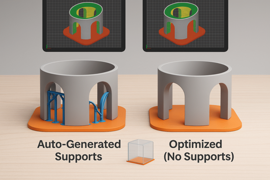 Renderização 3D mostrando dois modelos semelhantes lado a lado: um com suporte gerado automaticamente e outro otimizado com ângulos suaves e sem suporte. Ao fundo, a pré-visualização no slicer (como Cura) exibindo a diferença entre as abordagens.