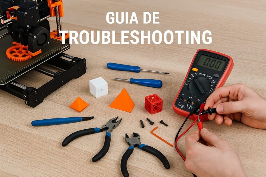 Comparativo visual mostrando peças com falhas comuns em impressão 3D (como warping, stringing e deslocamento de camadas), ao lado de peças bem finalizadas. Ambiente de bancada, com luz suave e foco técnico.