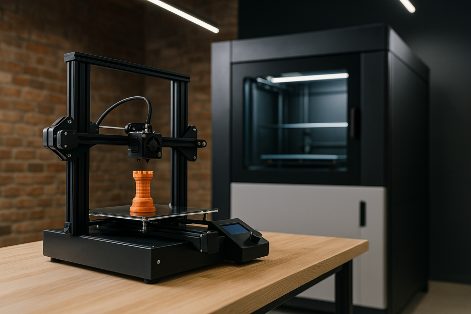 Composição visual com duas impressoras lado a lado: uma desktop (compacta, sobre uma mesa) e uma impressora 3D industrial de grande porte ao fundo. O ambiente deve misturar estética maker e industrial, com iluminação moderna e foco técnico. A imagem deve destacar a evolução entre os dois tipos de tecnologia.