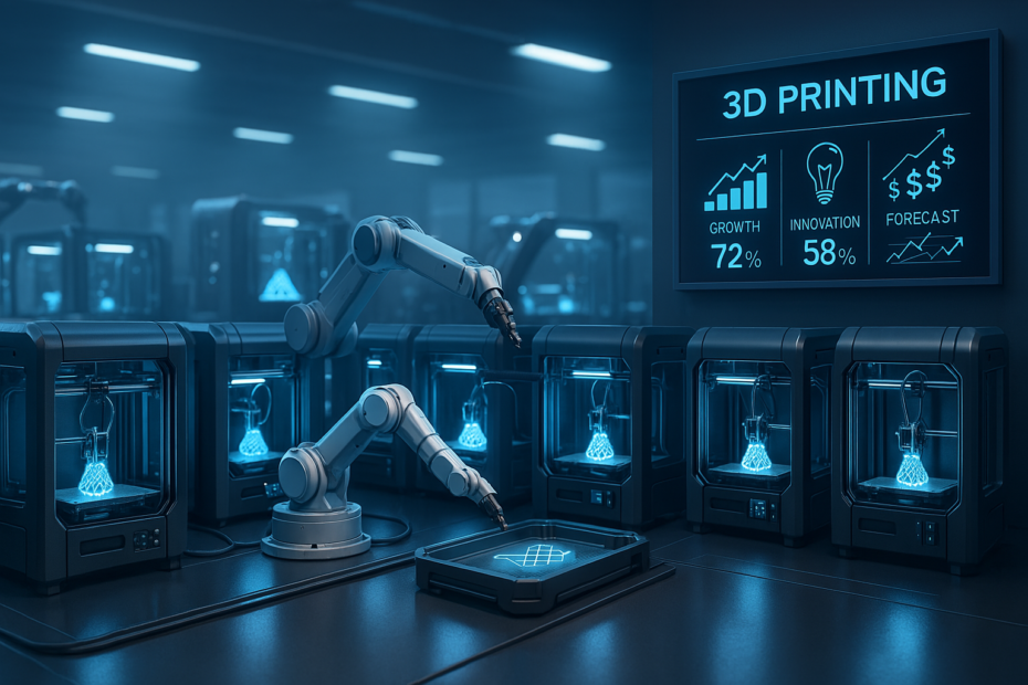 Cenário futurista mostrando uma linha de produção automatizada com várias impressoras 3D operando simultaneamente. Robôs colaborativos monitoram as impressões, enquanto uma tela exibe previsões e gráficos em tempo real sobre produção, economia de material e inovação. A atmosfera é tecnológica e visionária.