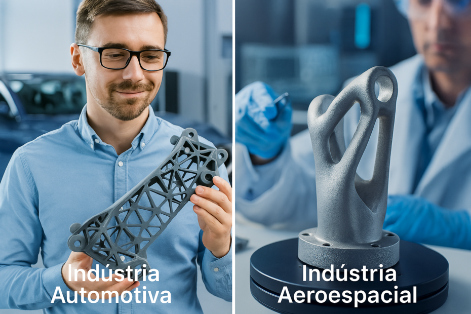 Composição visual com duas cenas: de um lado, um engenheiro automotivo segurando uma peça complexa impressa em 3D; do outro, um componente aeroespacial metálico sendo analisado em laboratório técnico. Ambiente com foco tecnológico, industrial e de alta precisão.