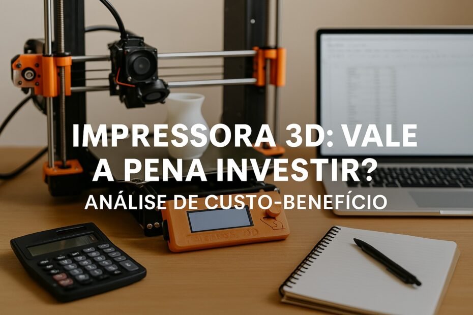 Cena de uma mesa de trabalho com uma impressora 3D ligada imprimindo um objeto em PLA. Ao lado, calculadora, caderno de anotações e um notebook com planilha aberta — sugerindo planejamento de custo-benefício. A imagem deve transmitir um ambiente de produtividade e análise estratégica.