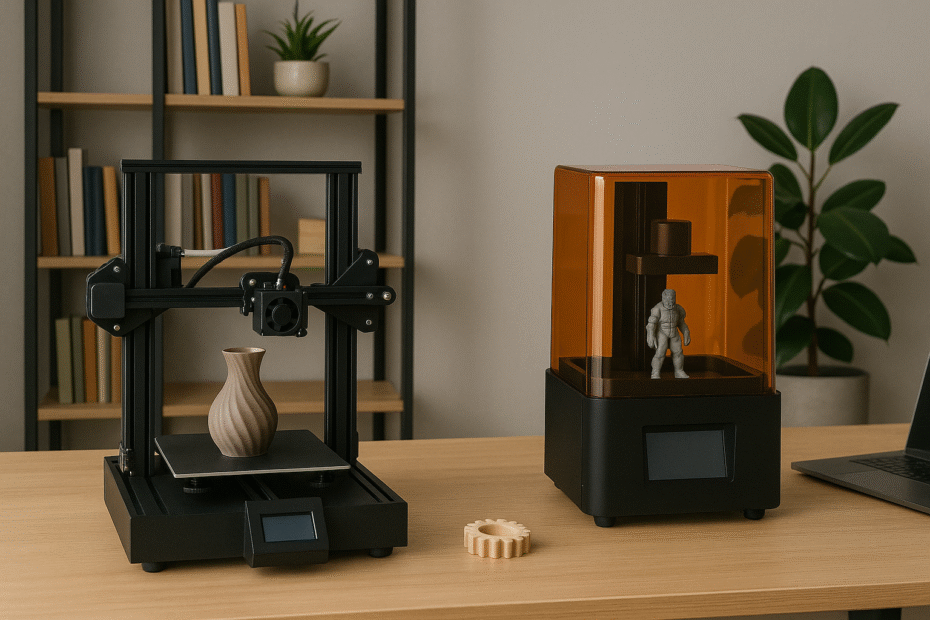 Duas impressoras 3D compactas lado a lado em um ambiente de home office moderno, com objetos impressos visíveis ao redor (como um vaso decorativo e uma miniatura técnica). Ao fundo, estante com livros e plantas.