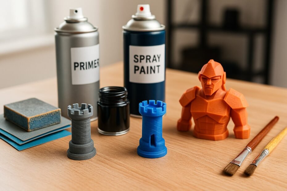 Mesa organizada com ferramentas de pós-processamento: peças impressas em diferentes estágios (bruta, lixada, pintada), ao lado de lixas, sprays, pinceis e verniz. Luz natural ou LED suave destacando textura e cor das peças. Ambiente técnico e criativo, com foco em acabamento visual.