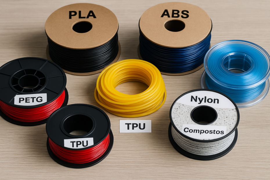 Foto aérea em close-up de vários carretéis de filamentos para impressão 3D organizados em uma bancada: PLA, ABS, PETG, TPU, Nylon e compostos (como fibra de carbono ou madeira). A imagem deve ter cores vivas, boa iluminação natural, e representar variedade de materiais de forma estética e técnica.