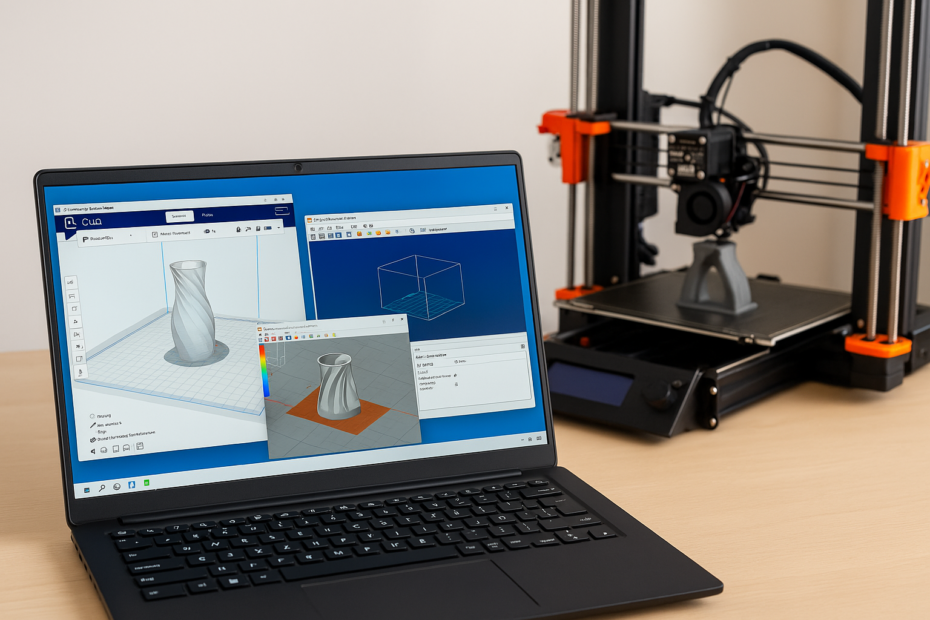 Tela de computador com softwares de impressão 3D open-source abertos lado a lado (como Cura, PrusaSlicer e FreeCAD), enquanto uma impressora 3D imprime em segundo plano. A cena transmite um ambiente maker ou educacional, com foco em colaboração, inovação e acessibilidade.