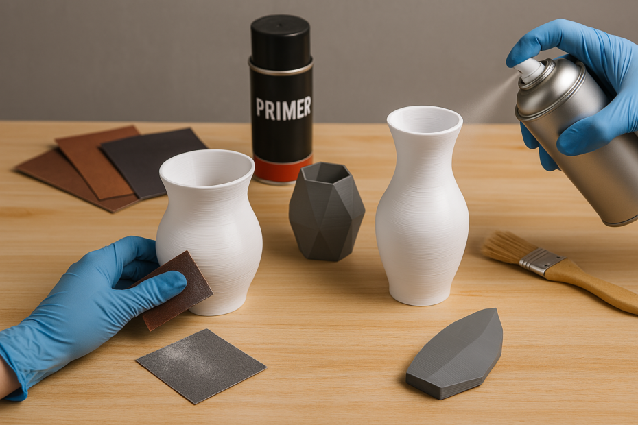Uma bancada de trabalho organizada com peças impressas em 3D sendo finalizadas: uma em processo de lixamento, outra recebendo tinta spray, e uma terceira já pronta com acabamento polido. Ferramentas como lixas, pincéis e primer estão dispostas ao redor. A cena deve ser clara, técnica e visualmente atraente.