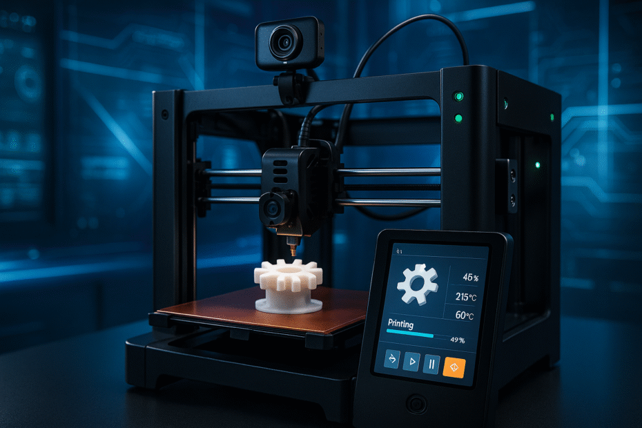 Impressora 3D moderna com tela touchscreen, câmera acoplada e sensores visíveis, em ambiente tecnológico iluminado, transmitindo automação, precisão e inovação.
