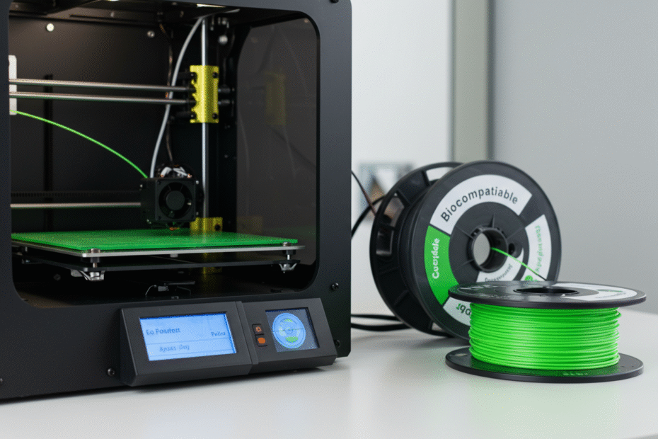 Imagem de uma impressora 3D imprimindo com filamento verde translúcido (indicando material ecológico), em um ambiente limpo, claro e minimalista. Ao lado, carretéis rotulados como “biocompatível” e “compostável”. Estilo moderno, técnico e sustentável.