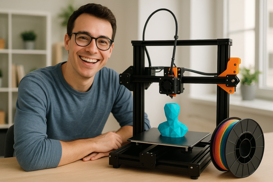 Pessoa sorrindo ao lado de uma impressora 3D recém-montada, com filamento colorido e primeiro modelo sendo impresso. Ambiente moderno e bem iluminado, passando sensação de facilidade e entusiasmo com a tecnologia.