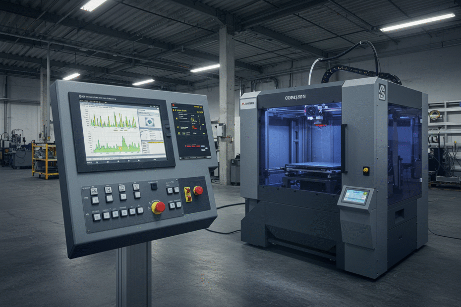 Ambiente industrial moderno com uma impressora 3D conectada a um painel digital, luzes indicadoras acesas e interface gráfica com gráficos de produção visíveis ao fundo.