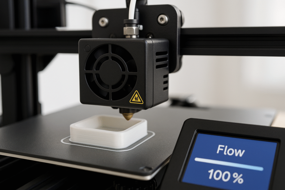 Close-up de uma impressora 3D em funcionamento, com destaque para o bico extrusor imprimindo uma peça simples em PLA. Tela da impressora mostra a porcentagem de flow. Ambiente claro, fundo desfocado e estética técnica.