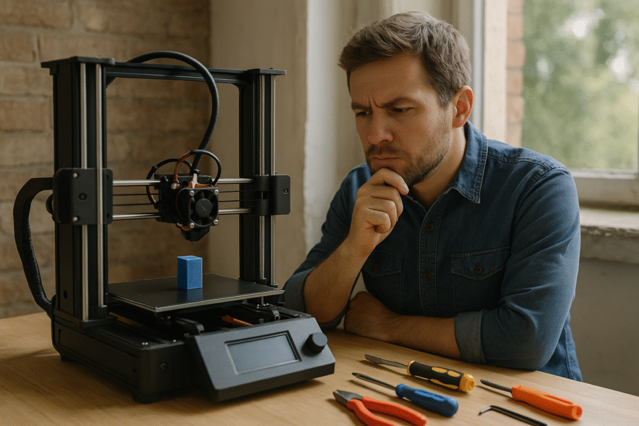 Pessoa observando atentamente uma impressora 3D usada sobre uma mesa de madeira, com ferramentas ao fundo, avaliando estado de conservação antes da compra.