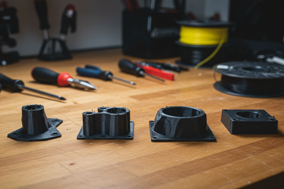 Mesa de trabalho com peças 3D com falhas visíveis (warping, stringing, under-extrusion), lado a lado com peças impressas corretamente, com iluminação suave e ferramentas ao fundo.