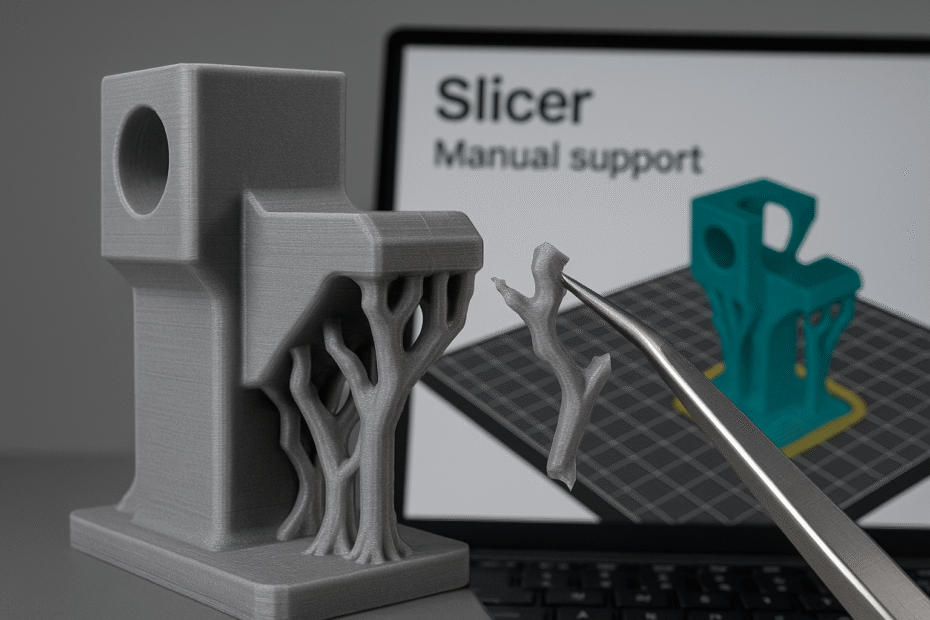 Imagem em close-up de uma peça impressa em 3D com suporte em árvore parcialmente removido. Ao fundo, tela do slicer aberta com a visualização do suporte manual. Iluminação técnica, fundo neutro, tom profissional.