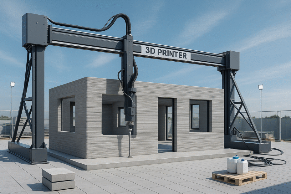 Uma impressora 3D de grande porte construindo as paredes de uma casa moderna em concreto, em um canteiro de obras limpo e tecnológico, transmitindo inovação e futuro.